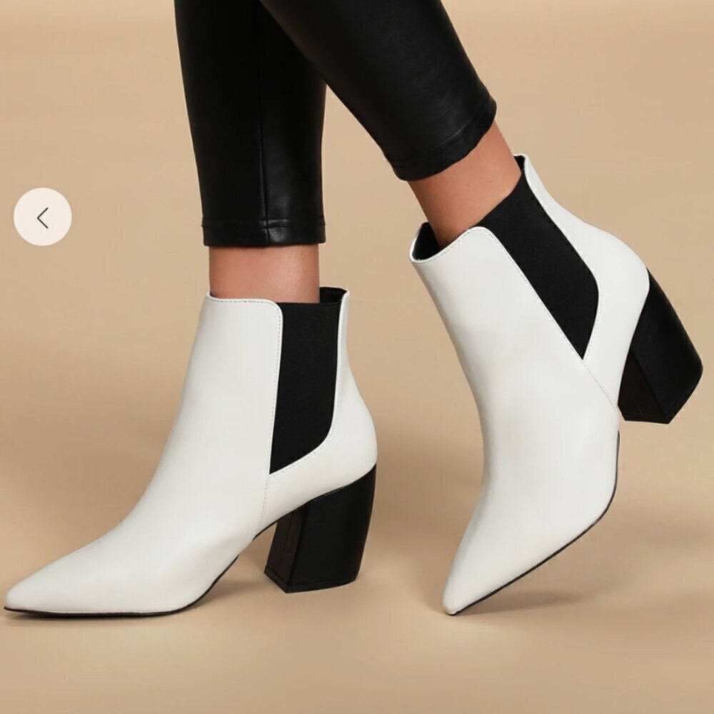 Lulu's Women's Size 9 Cecy White Pointed Toe Ankle Booties Pull On Black 3" Heel